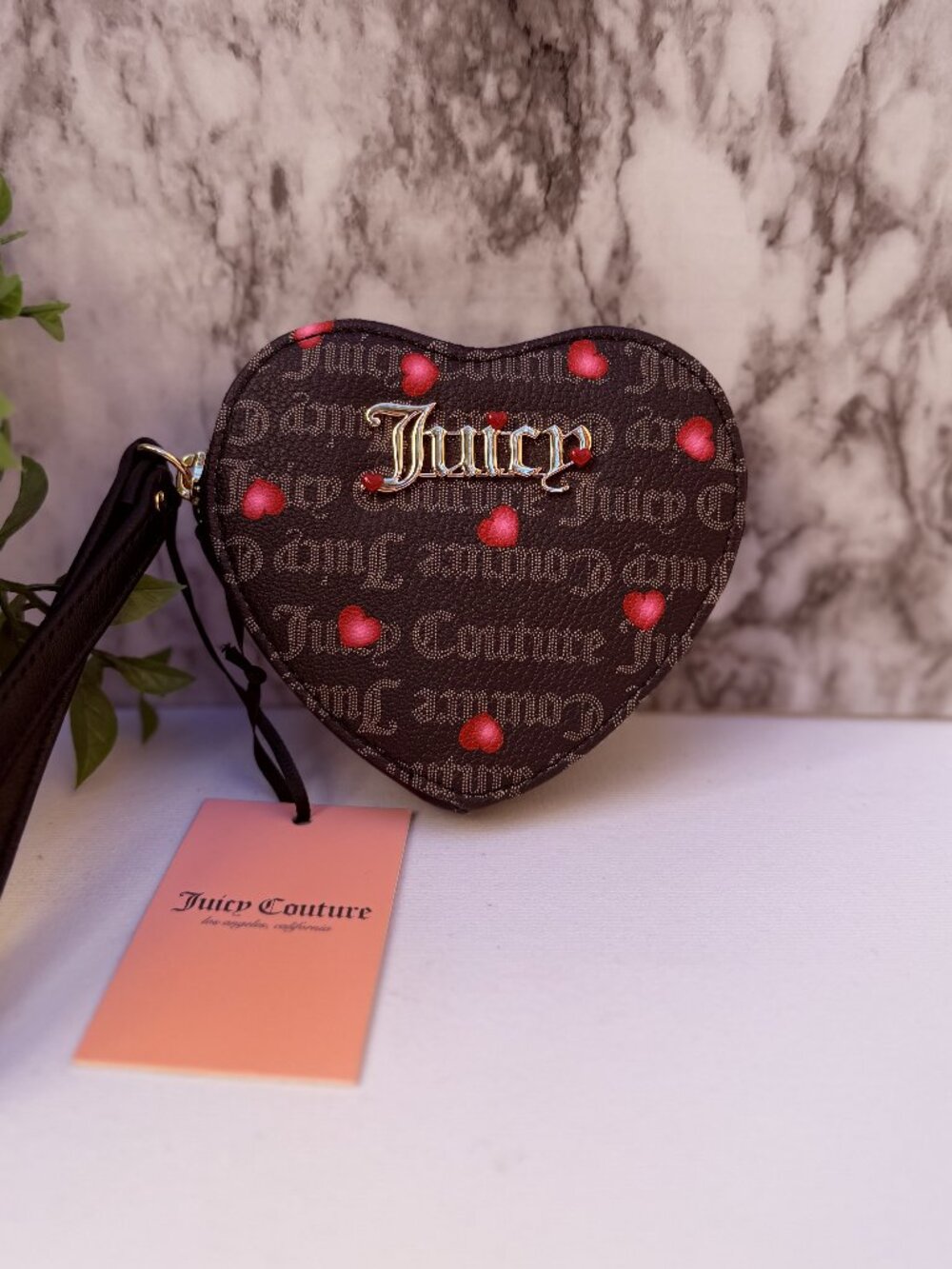 Juicy Couture Heart Coin Purse Wristlet Brown Monogram Red Hearts Zip Pouch